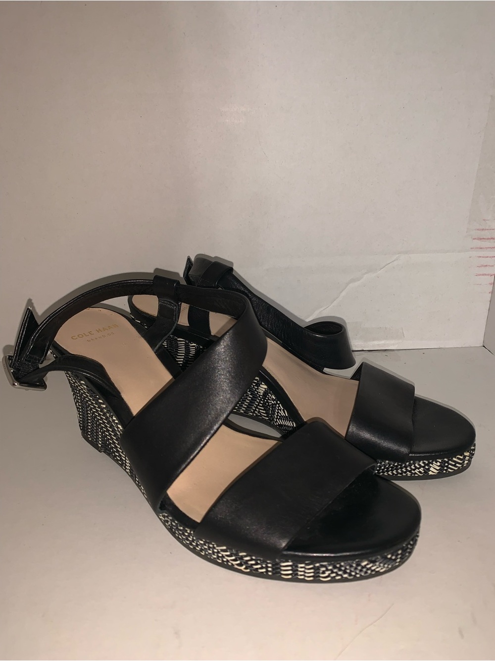 Cole Haan Black Leather Wedge Sandals with Patterned Espadrille Trim